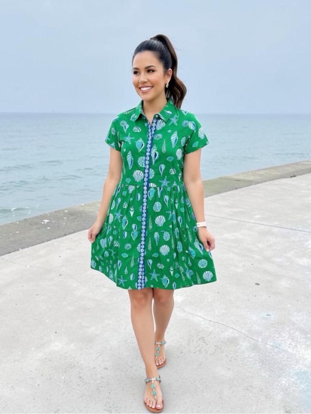 Printfresh Anthropologie Organic Cotton Shirt Mini Dress Sz XS Green Seashells